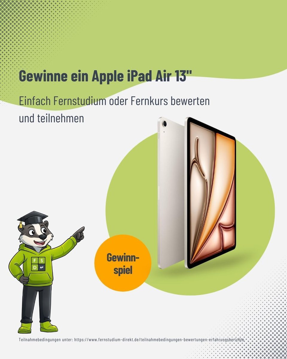 🎉 Jetzt Kurs bewerten &amp; gewinnen! 🎉

Unter allen Bewertungen bis zum 30.06.2026 wird ein
🍏 Apple iPad Air 13" (128 GB) verlost!

🔗 Jetzt teilnehmen:
fernstudium-direkt.de/kursbewertung/…

#OfG #ofg_gallery #Weiterbildung #Fernstudium #Bewertung #Gewinnspiel