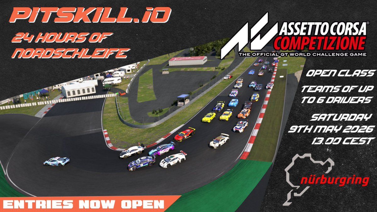 PitSkillio's tweet photo. As we close in on the 24h Nordschleife race in roughly 4 weeks, drivers are starting to practice and prepare for it in our unranked Sunday Nordschleife Series

Join us on May 9th on https://t.co/iBjoWPNZXd, set your Quali time and fight for victory in all classes, from GT3 to TCX https://t.co/Hen9rGuNCs