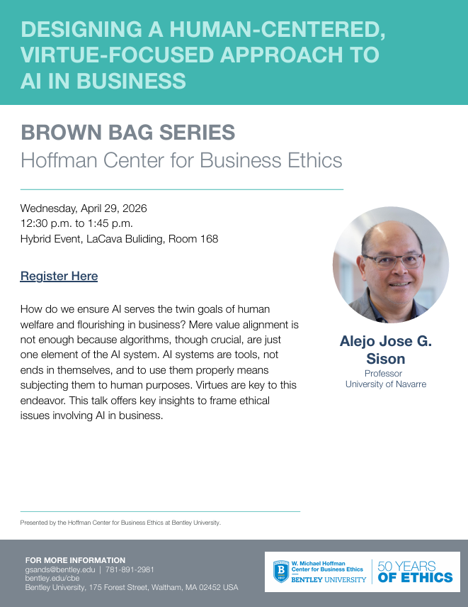 BentleyEthics's tweet image. Join us on Wednesday, April 29, at 12:30 PM with Alejo José G. Sison, professor of Business Ethics at the University of Navarra, for his Brown Bag presentation.

Link: bit.ly/3QEOehm

#brownbagseries #bentleyu #HCBE