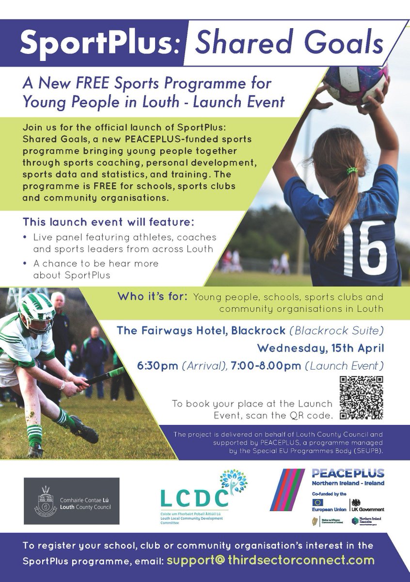 louthcoco's tweet photo. Third Sector Connect and Louth County Council would like to invite you to attend the launch event of the PEACEPLUS SportPlus Programme on the 15th of April at 7pm in The Fairways Hotel, Blackrock. The SportPlus programme aims to deliver a young people’s multi-sports Cross border programme with a view to increasing confidence, building resilience, self-esteem and leadership among participants. This project is supported by PEACEPLUS, a programme managed by the Special EU Programmes Body (SEUPB). 
#PEACEPLUS