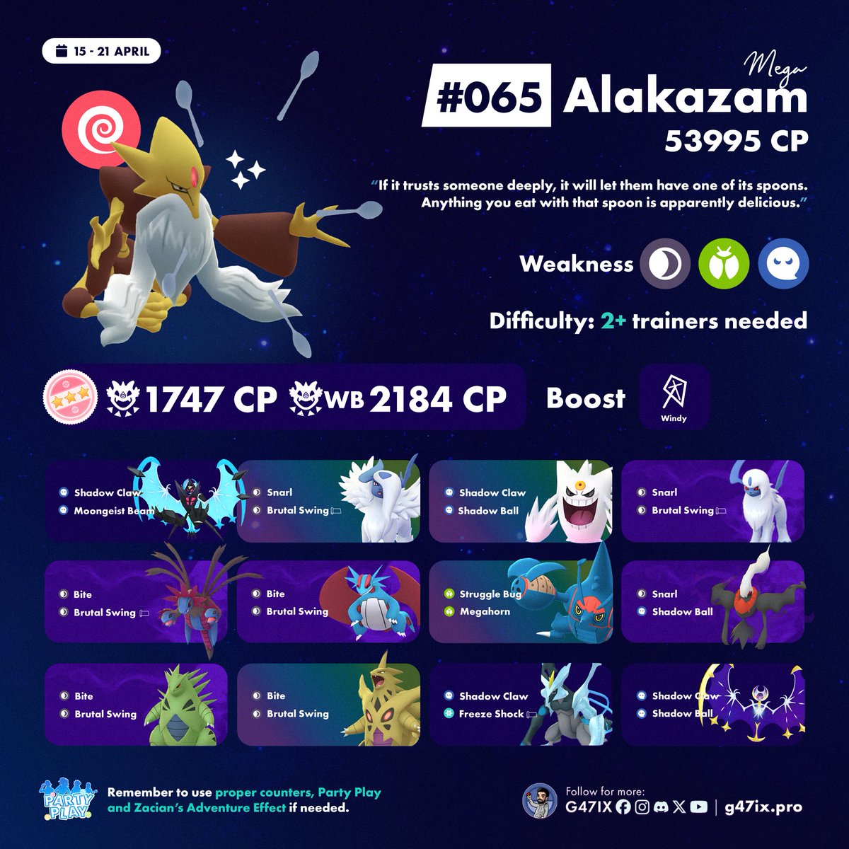 g47ix's tweet image. 🧠 Mega Alakazam will be available in Mega Raids from April 15 to April 21.
⏳ Long-awaited return!
✨ If you're lucky, you might find a Shiny!
More counters ➡️ Pokebattler_com
#PokemonGO