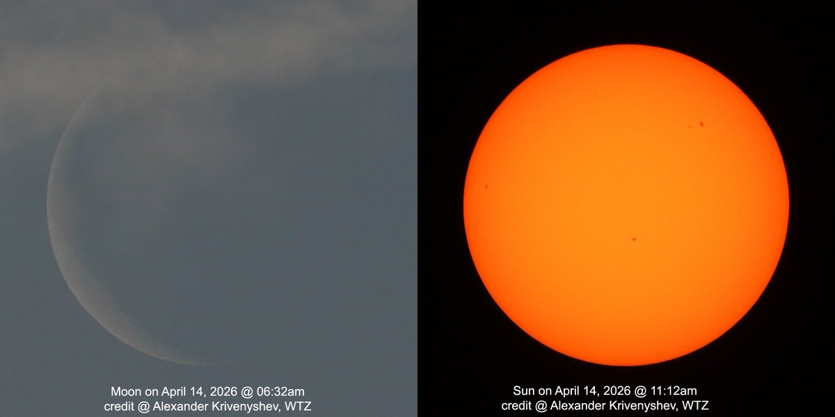 wtz's tweet photo. Photos of the Moon and the #Sun (&amp; #sunspots ) - the same day, different times by A.K. https://t.co/HtstAhrpbR 
11.9% Waning Crescent Moon above Manhattan,  
New York City on April 14, 2026 

#spaceweather 
#todaysun 
#moon #todaymoon #CrescentMoon https://t.co/dQk6EeN0At