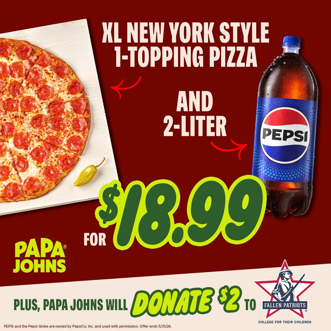 Grab a pizza, refresh with a Pepsi, and support our heroes and their families. $2 from every combo sold goes to the Children of Fallen Patriots Foundation. papajohns.com

#PapaJohnsPugetSound #ChildrenOfFallenPatriotsFoundation