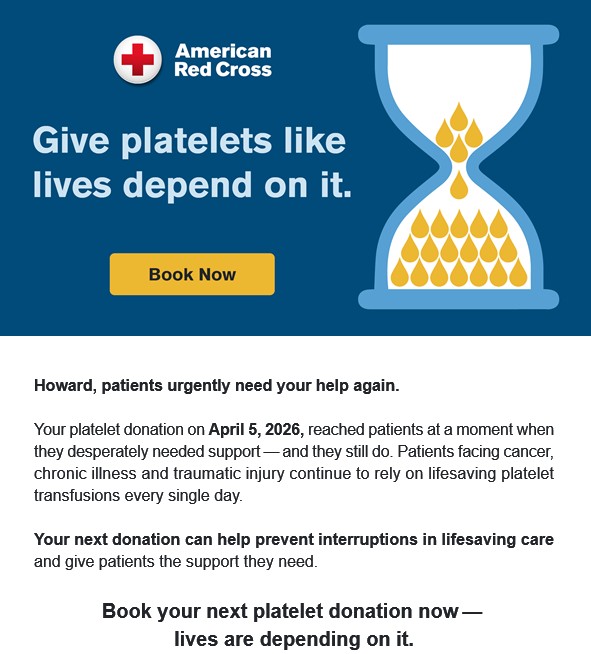 howardbarnes's tweet image. Just booked my Sunday morning for a platelet donation! 🩸 It's amazing how something so small can create a HUGE impact for those in need. Grateful for this chance to make a difference. #GivePlatelets #RedCross @howardbarnes