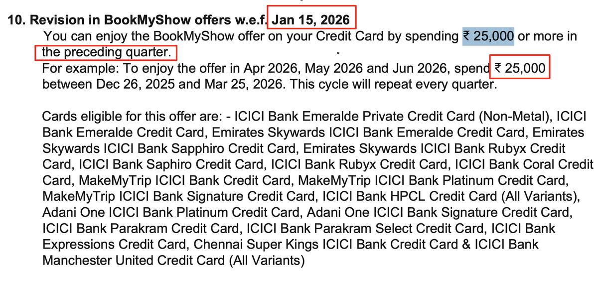 kredittclub's tweet photo. ICICI quietly added a ₹25,000/quarter spend requirement to unlock BookMyShow benefits on #premium #credit.

Emeralde Private holders paying ₹12,000+ annual fee now need to "qualify" for movie offers?

This is the trend - shrinking benefits.
Stay sharp. 🎬💳
#icici #emeralde https://t.co/VRhl8kQ5i4