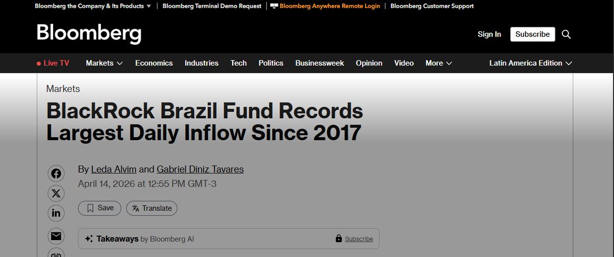 fabio_lemos81's tweet photo. Fluxo fala mais alto que narrativa.

O fundo de Brasil da BlackRock teve a maior entrada diária desde 2017.

Não é trade é rotação global: sai Ásia, entra Brasil.

Commodities + juros altos + desconto.

Enquanto o fluxo entrar, o Ibov tem suporte mesmo com guerra. https://t.co/OQgeWieDYE