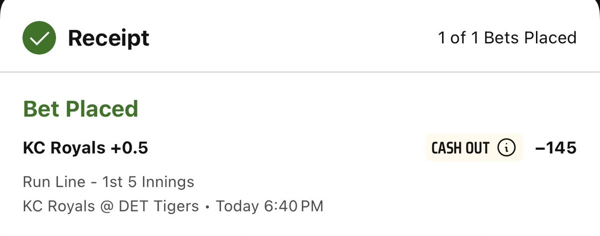 F5ModelGuy's tweet photo. 4/14

Game: Royals vs Tigers

Plays:

Royals F5 ML +102 (good to -120)
-risk 3u to win 3.06u

Royals F5 +0.5 -145 (good to -165)
-risk 2.9u to win 2u

Good luck

#MLB #GamblingTwitter #Gambling𝕏 #FountainsUp #DNMW https://t.co/HUDVwexnFv