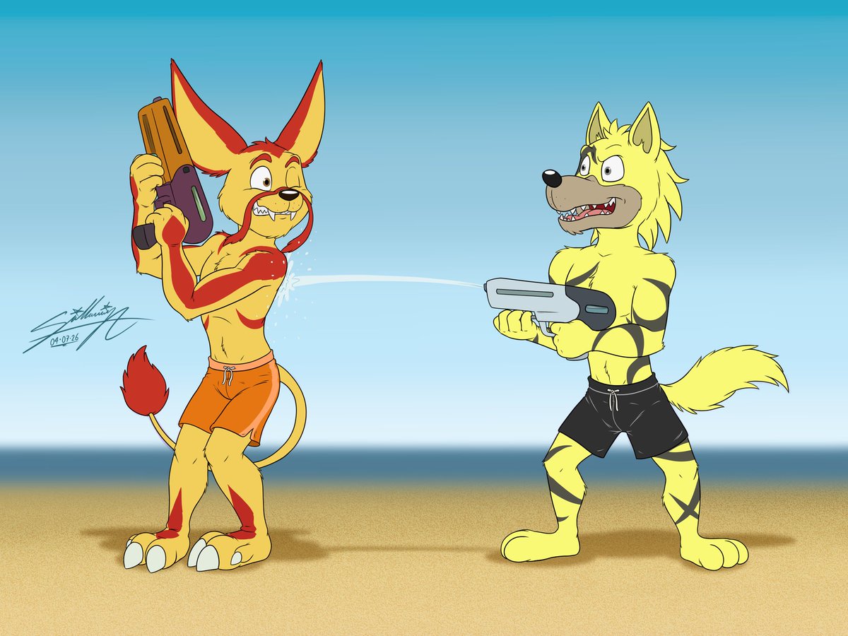 Baxter &amp; Fred are playing at the beach. Art by <a href="/SAGADreamsArt/">A Lutharie-buizel boy 🐾💦 ✨️</a>  Thank You