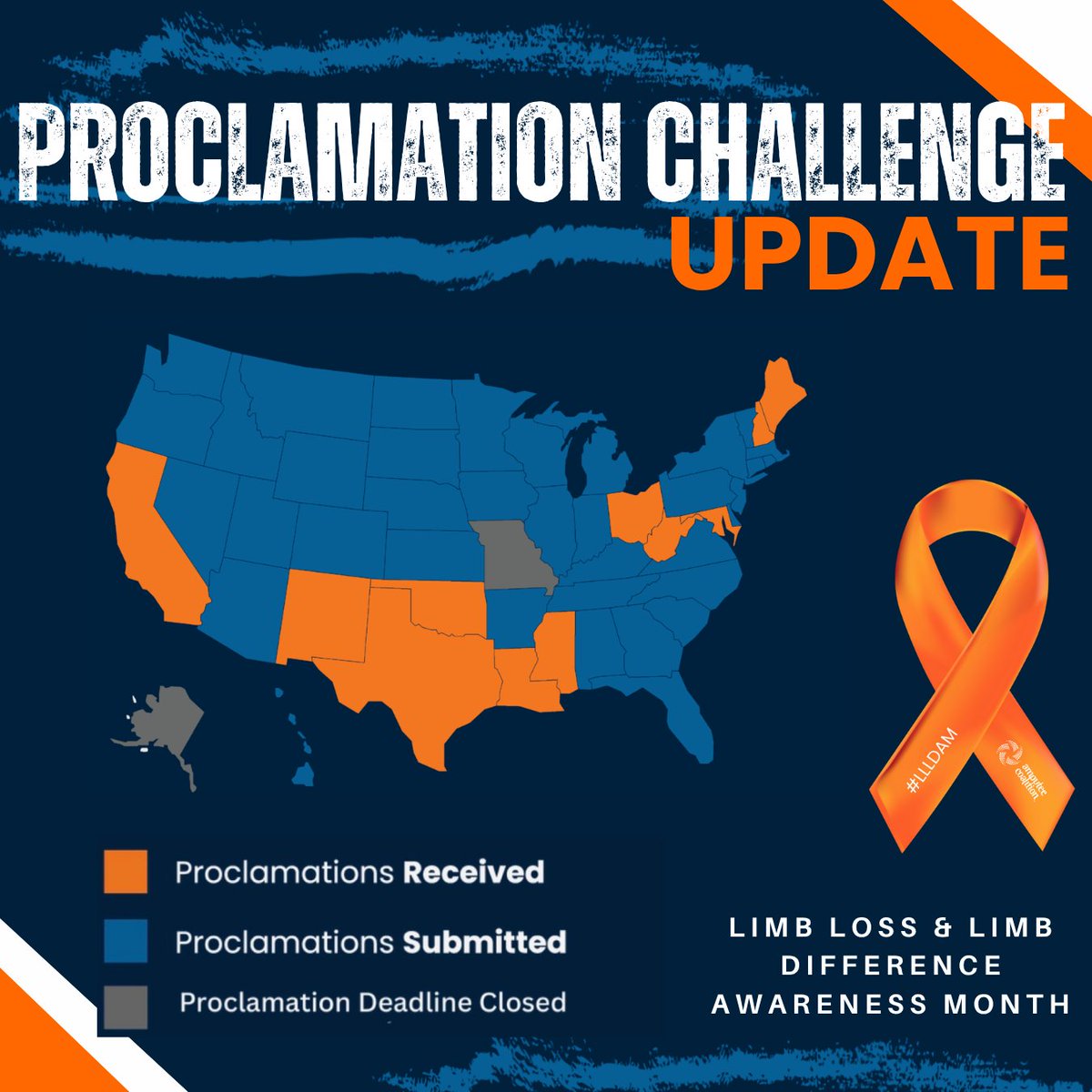 AmputeesUSA's tweet photo. The LLLDAM Proclamation Challenge continues to grow!
Since our last update, these states have joined in recognizing Limb Loss and Limb Difference Awareness Month:
Delaware, Nebraska, Indiana, New Jersey, Rhode Island, Vermont, and Wyoming

#LLLDAM2026 #40YearsStrong https://t.co/XopPRfhajR