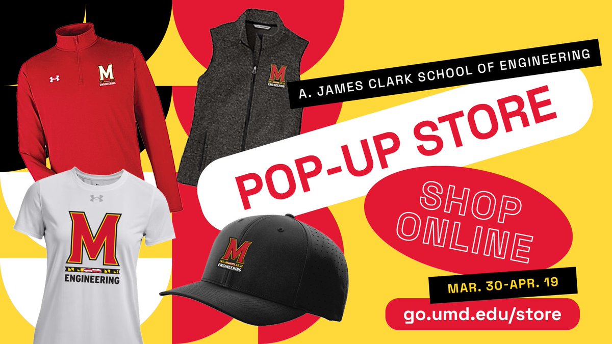 FPEUMD's tweet photo. Show off your Maryland Engineering pride with official Clark School apparel! Get your merch soon as our pop-up store closes in five days.

Shop now: �� https://t.co/NbtG8zcoQN https://t.co/G7cm78l9cY