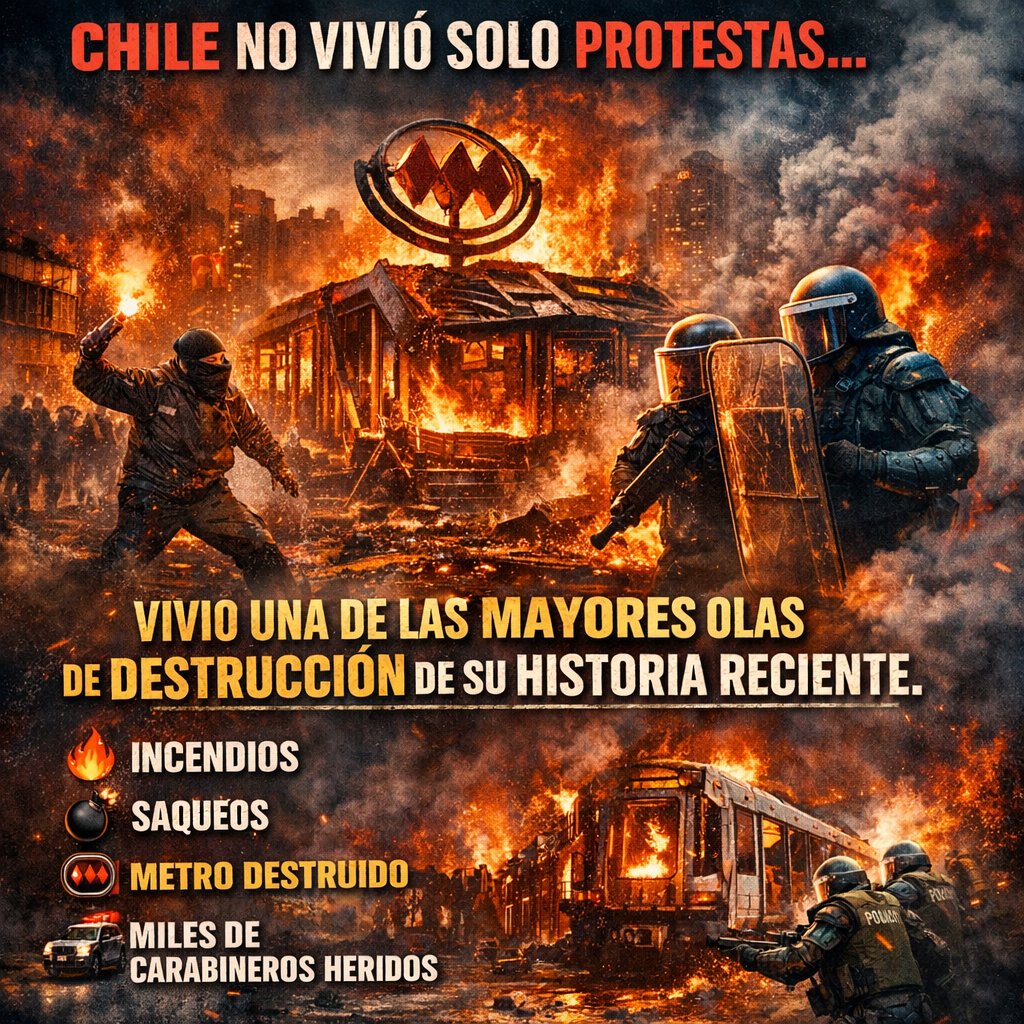 🚨 CONFIRMADO

Chile no vivió solo protestas…
Vivió una de las mayores olas de destrucción de su historia reciente.

🔥 Incendios
💣 Saqueos
🚇 Metro destruido
🚓 Miles de carabineros heridos

Abro hilo 🧵👇