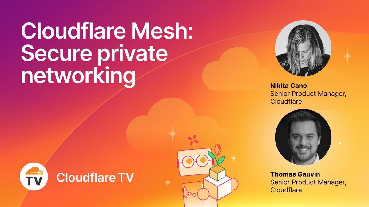 CloudflareTV's tweet photo. Securing your private networks just got easier. 🔒 Don't miss "Cloudflare Mesh: Secure private networking" streaming now on Cloudflare TV! Learn how to connect your infrastructure safely and seamlessly.

Watch now: https://t.co/HUTMtHdXQq https://t.co/Z6lVaQDqHI