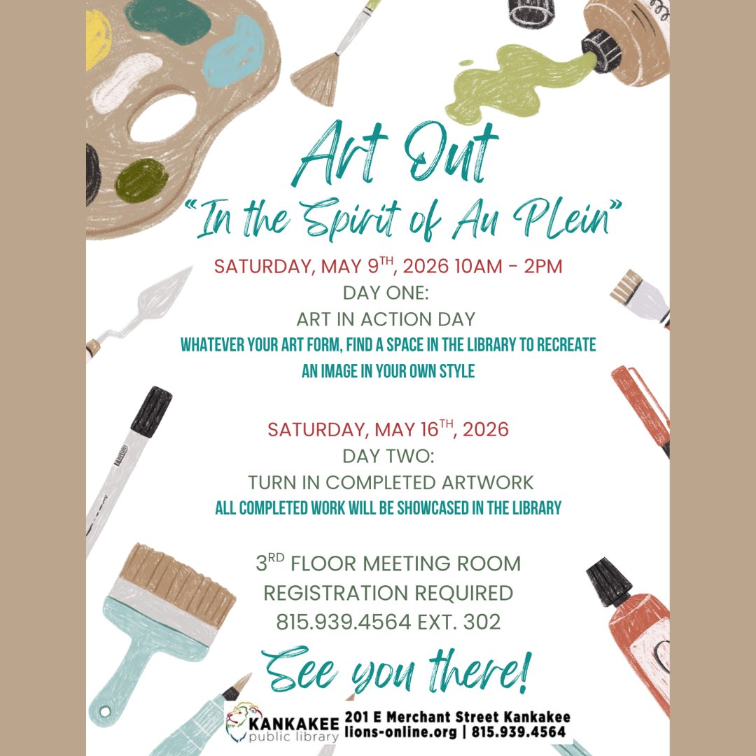 CityKankakee's tweet image. 🎨 Calling All Artists!

Be part of Art Out (in the Spirit of Au Plein) at the Kankakee Public Library!

🗓 May 9, 2026
⏰ 10:00 AM – 2:00 PM
📍 3rd Floor

🔗 lions-online.org

#CallForArtists #ArtOut #Kankakee #LocalArt #CommunityEvents