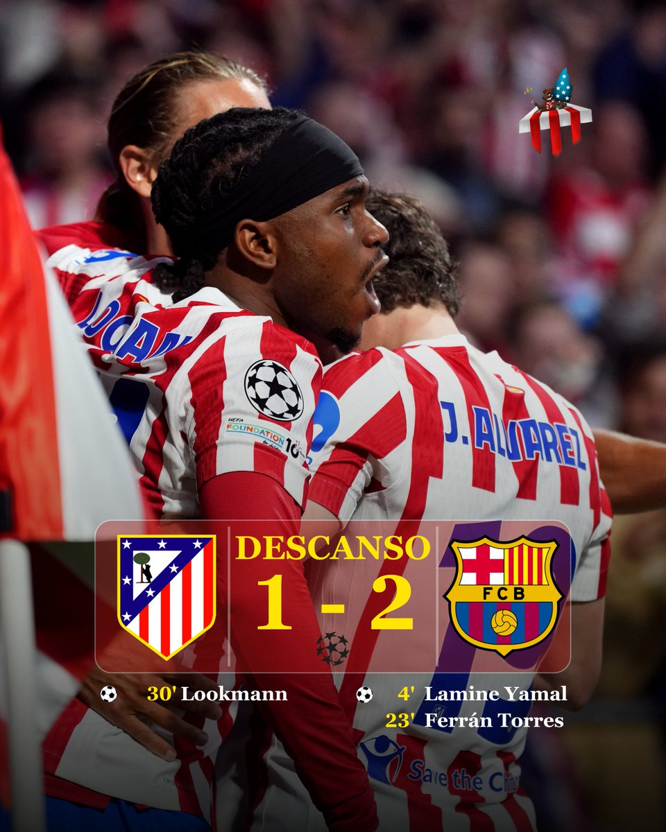 🔴⚪️𝐀𝐭𝐥𝐞́𝐭𝐢𝐜𝐨 𝐝𝐞 𝐌𝐚𝐝𝐫𝐢𝐝 𝟏-𝟐 𝐅𝐂 𝐁𝐚𝐫𝐜𝐞𝐥𝐨𝐧𝐚 🔵🔴

⚽️¡DESCANSO! Primera parte frenética que finaliza con ventaja en el global a favor del #Atleti
⌚️Min.45+4

🔢𝑉𝑢𝑒𝑙𝑡𝑎- 𝐶𝑢𝑎𝑟𝑡𝑜𝑠 𝑑𝑒 𝐹𝑖𝑛𝑎𝑙
🏟️𝐸𝑠𝑡𝑎𝑑𝑖𝑜 𝑀𝑒𝑡𝑟𝑜𝑝𝑜𝑙𝑖𝑡𝑎𝑛𝑜
🇪🇺#UCL