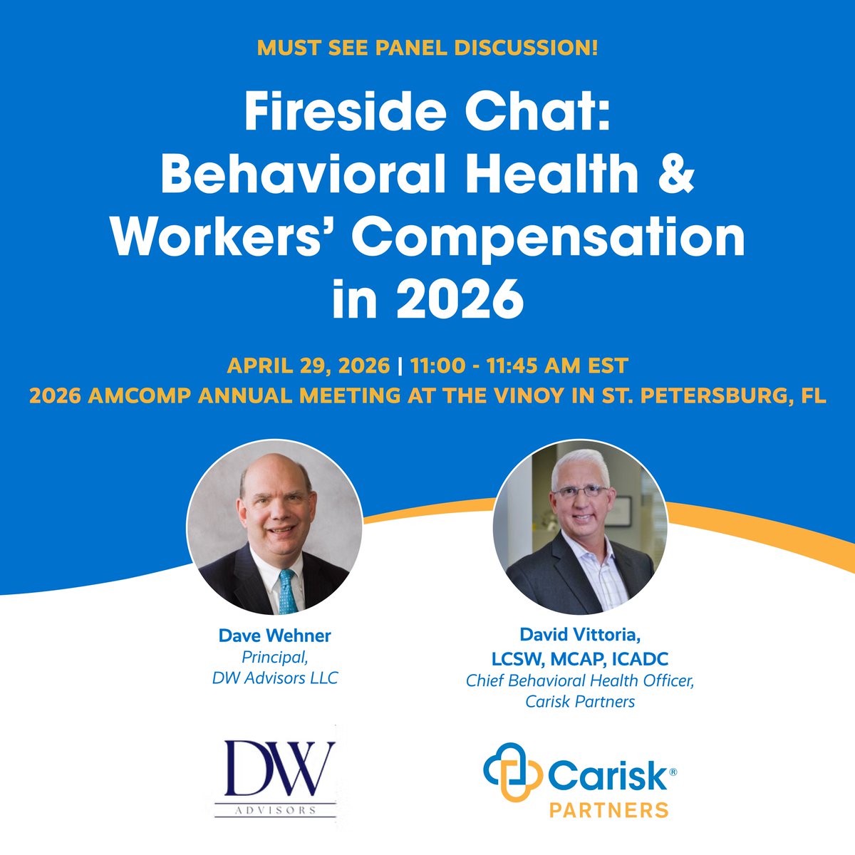 David Vittoria, Chief Behavioral Health Officer at Carisk Partners, will be speaking alongside Dave Wehner at the AMCOMP Annual Meeting on "Behavioral Health &amp; Workers’ Compensation in 2026."

📅 April 29 | 11:00–11:45 AM EST | AMCOMP Annual Meeting

#AMCOMP2026 #CariskPartners