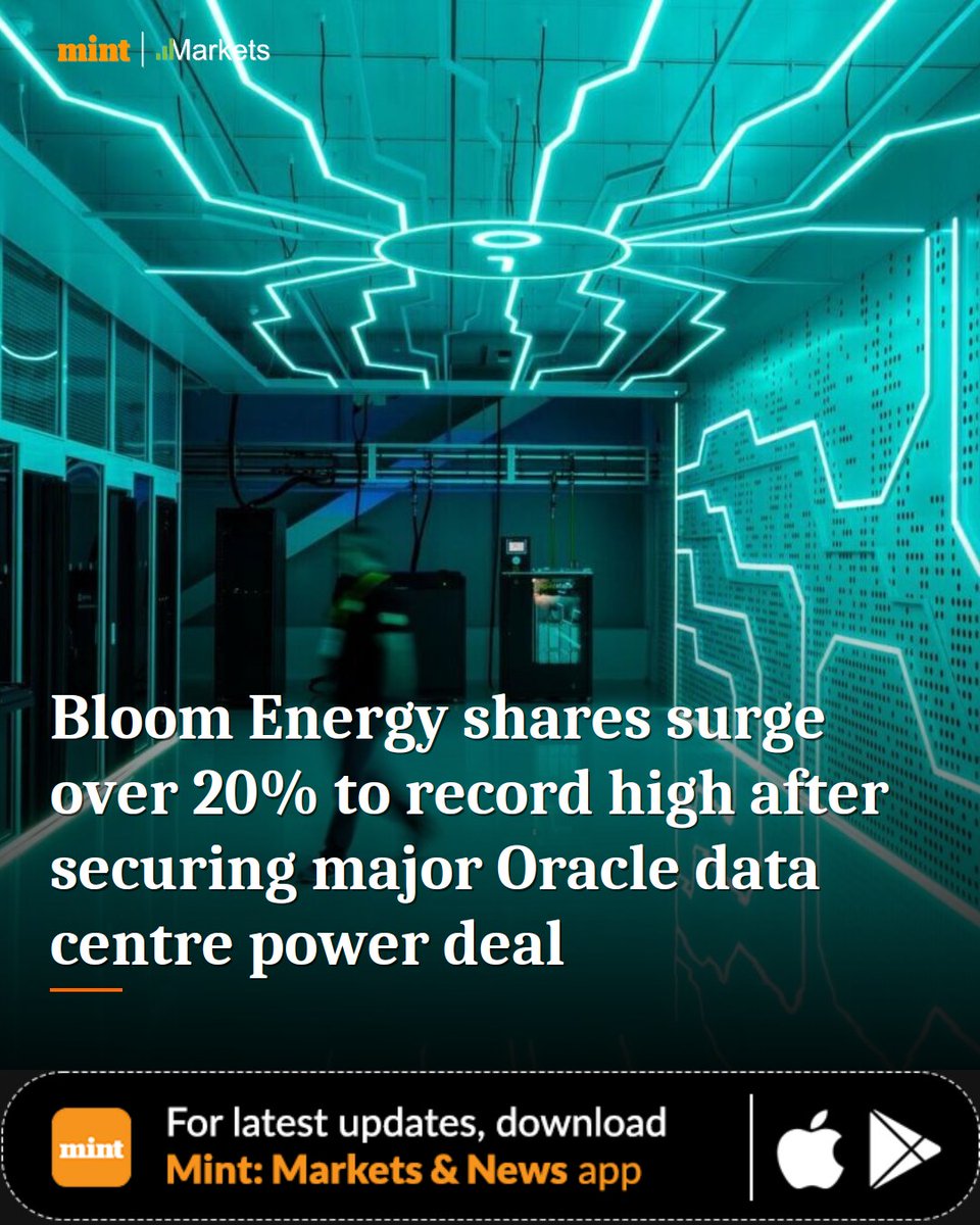 MarketsByMint's tweet image. Bloom Energy shares surged 24% to a record high on a 2.8 GW fuel cell deal to power Oracle's AI data centers. Learn what this means for the sector.

livemint.com/market/stock-m…

#Livemint #BloomEnergy #Oracle #DataCenters #FuelCells #MintMarkets