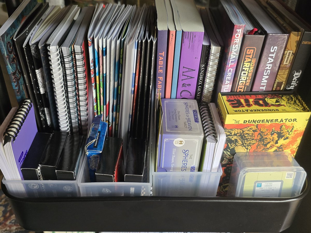 sahvenn's tweet photo. I've been... addicted to solo RPGs the last few months. I like playing at different spots at home, so I've gotten a moving cart to store all my stuff! It's been really handy.
⏬️ Game pics below!! ⏬️
(I have so many pens omg)
#solorpg #ttrpg #ironsworn #starborg #colostle https://t.co/md409TRge5