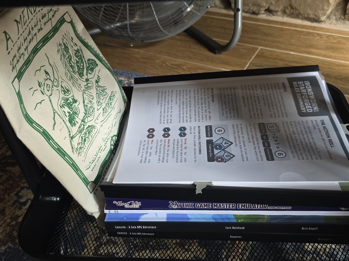 sahvenn's tweet photo. I've been... addicted to solo RPGs the last few months. I like playing at different spots at home, so I've gotten a moving cart to store all my stuff! It's been really handy.
⏬️ Game pics below!! ⏬️
(I have so many pens omg)
#solorpg #ttrpg #ironsworn #starborg #colostle https://t.co/md409TRge5