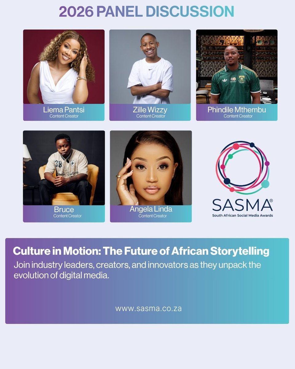 Get ready for the SASMA 2026 Launch🔥

Featuring special guest creators:
@LiemaPantsi @ZilleWizzy @PhindileMthembu @BruceContentCreator @AngelaLinda

#SASMA2026 #SASMALaunch #AfricanStorytelling #ContentCreators #DigitalCulture