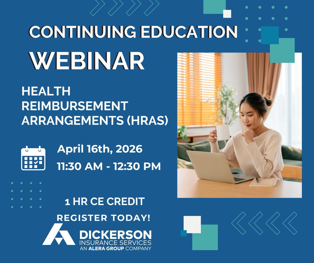 DickersonInsure's tweet image. Get CE credit with Dickerson! Join us this Thursday, April 16th, for our 1-hour course on Health Reimbursement Arrangements (HRAs) at 11:30 am! Click here to register: dickerson-group.com/upcoming-webin…
#DickersonInsurance #CE #Brokers #employeebenefits
#smallgroup #healthinsurance