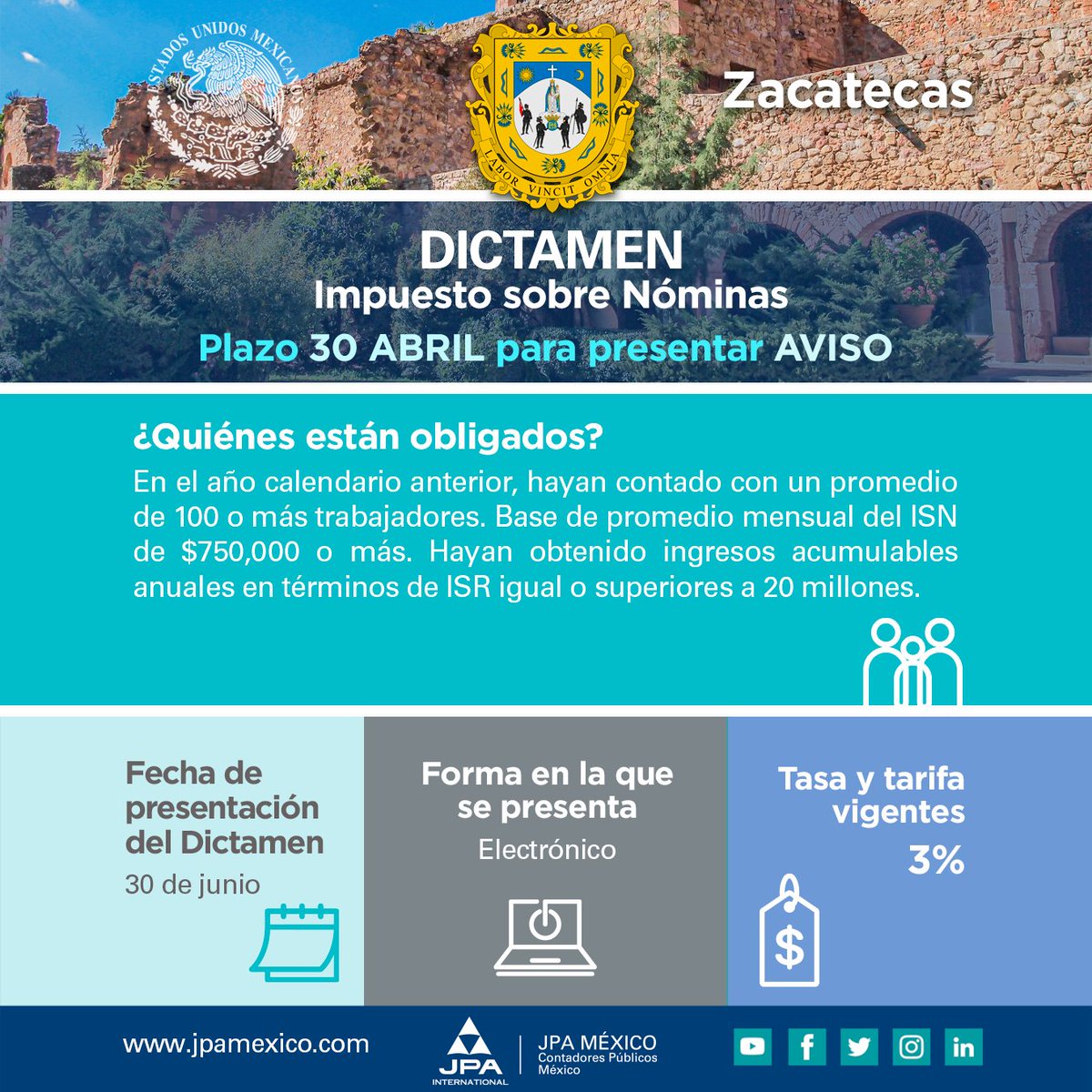 jpa_mexico's tweet image. 🚨 ¡Atención #Veracruz y #Zacatecas! 🇲🇽⏰

Abril es el mes clave para el Aviso de Dictamen #ISN. Si tu empresa supera los montos, ¡no es opcional! Evita multas y protege tu operación. 📑✅

Contactos: 
📧 rmartinez@jpamexico.com 
📧 rvelasco@jpamexico.com

#JPAMéxico