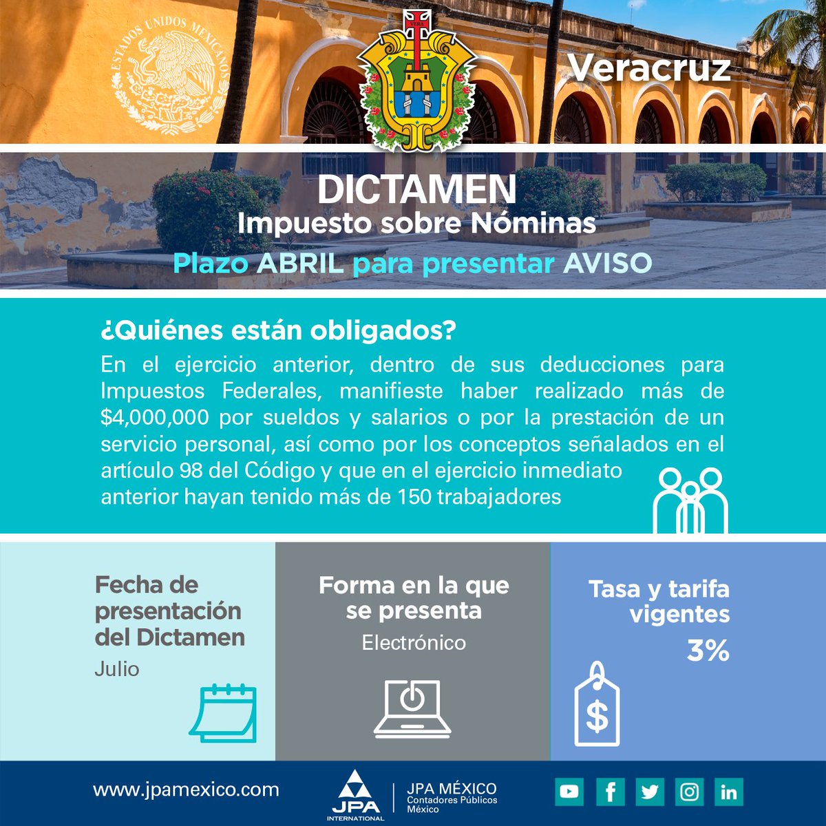jpa_mexico's tweet image. 🚨 ¡Atención #Veracruz y #Zacatecas! 🇲🇽⏰

Abril es el mes clave para el Aviso de Dictamen #ISN. Si tu empresa supera los montos, ¡no es opcional! Evita multas y protege tu operación. 📑✅

Contactos: 
📧 rmartinez@jpamexico.com 
📧 rvelasco@jpamexico.com

#JPAMéxico