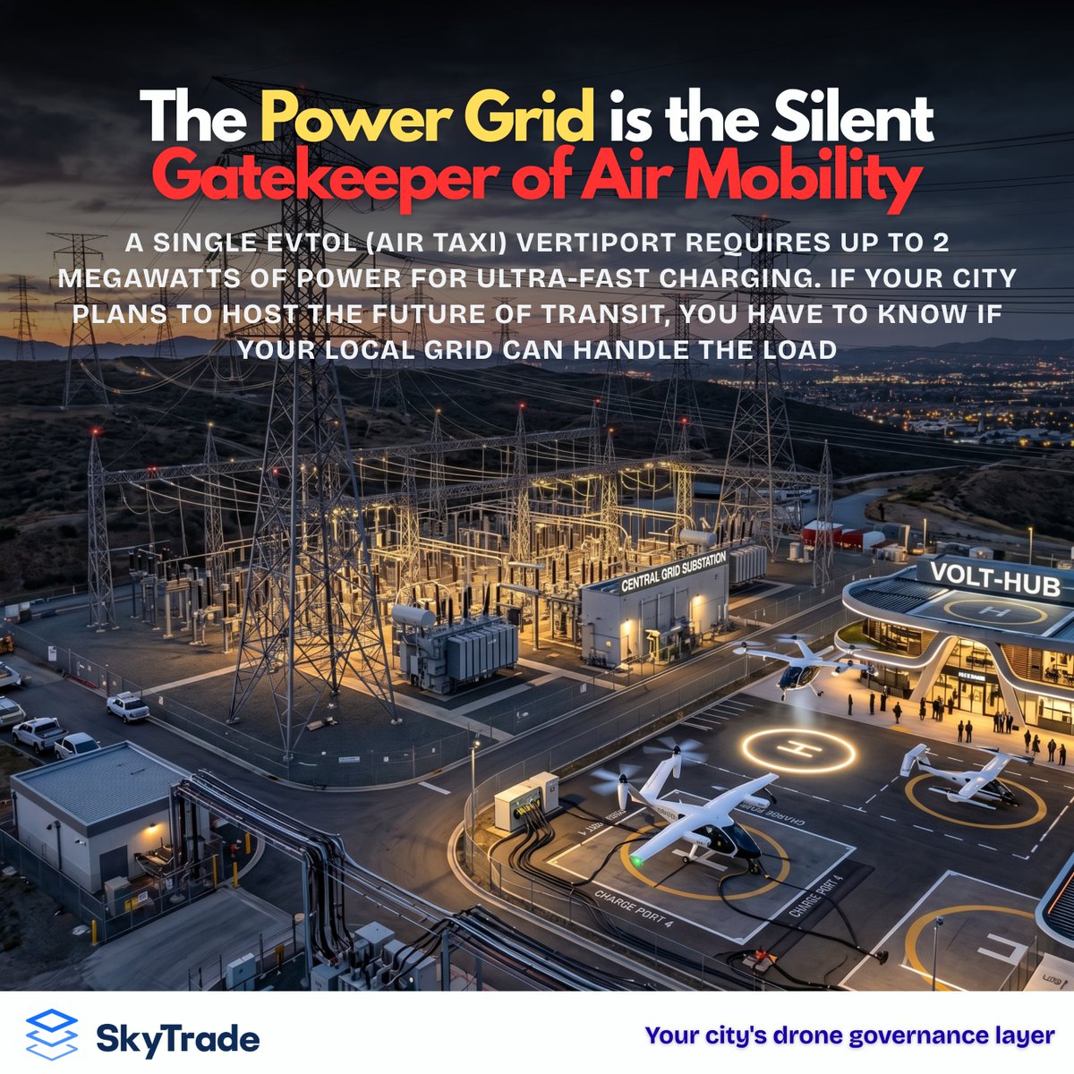 SkyTradeNetwork's tweet image. The DOE is pouring billions into grid modernization. ⚡🏙️

Electric air taxis need massive power at the landing pad. SkyTrade’s Vertiport Planner doesn't just check the air it checks the grid. Plan infrastructure that actually has the power to fly.

#SmartCities #eVTOL #SkyTrade