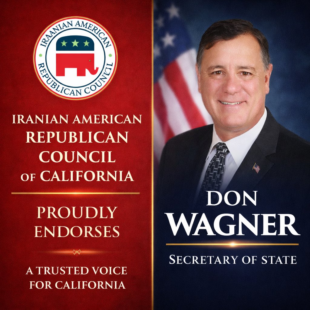 iarcgop's tweet photo. The Iranian American Republican Council proudly endorses leaders committed to California’s future:

@DonWagnerCA CA for Secretary of State,
@Maxsenti47 for U.S. Congress (CA-47),
@realSonjaShaw for State Superintendent. 🇺🇸
@iarcgop https://t.co/23VXEpkZeF