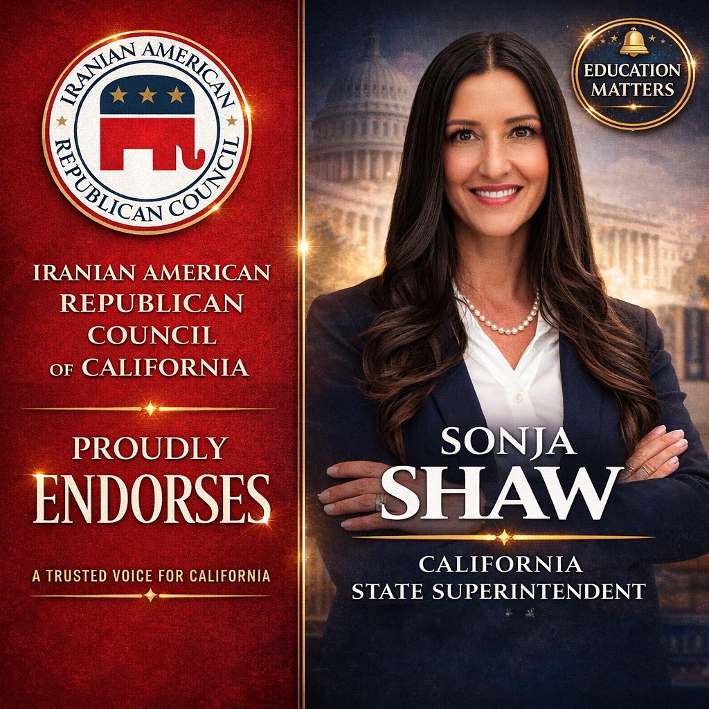 iarcgop's tweet photo. The Iranian American Republican Council proudly endorses leaders committed to California’s future:

@DonWagnerCA CA for Secretary of State,
@Maxsenti47 for U.S. Congress (CA-47),
@realSonjaShaw for State Superintendent. 🇺🇸
@iarcgop https://t.co/23VXEpkZeF