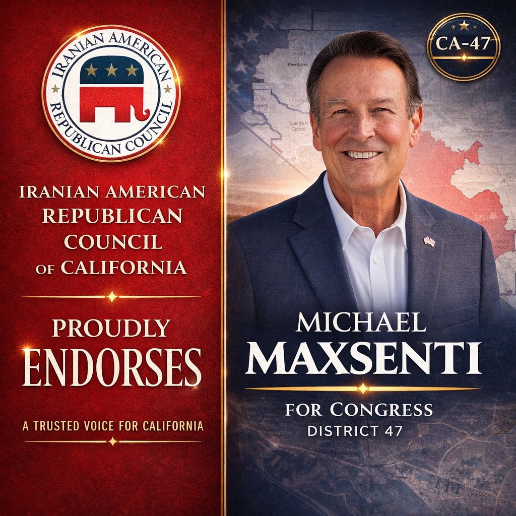 iarcgop's tweet photo. The Iranian American Republican Council proudly endorses leaders committed to California’s future:

@DonWagnerCA CA for Secretary of State,
@Maxsenti47 for U.S. Congress (CA-47),
@realSonjaShaw for State Superintendent. 🇺🇸
@iarcgop https://t.co/23VXEpkZeF