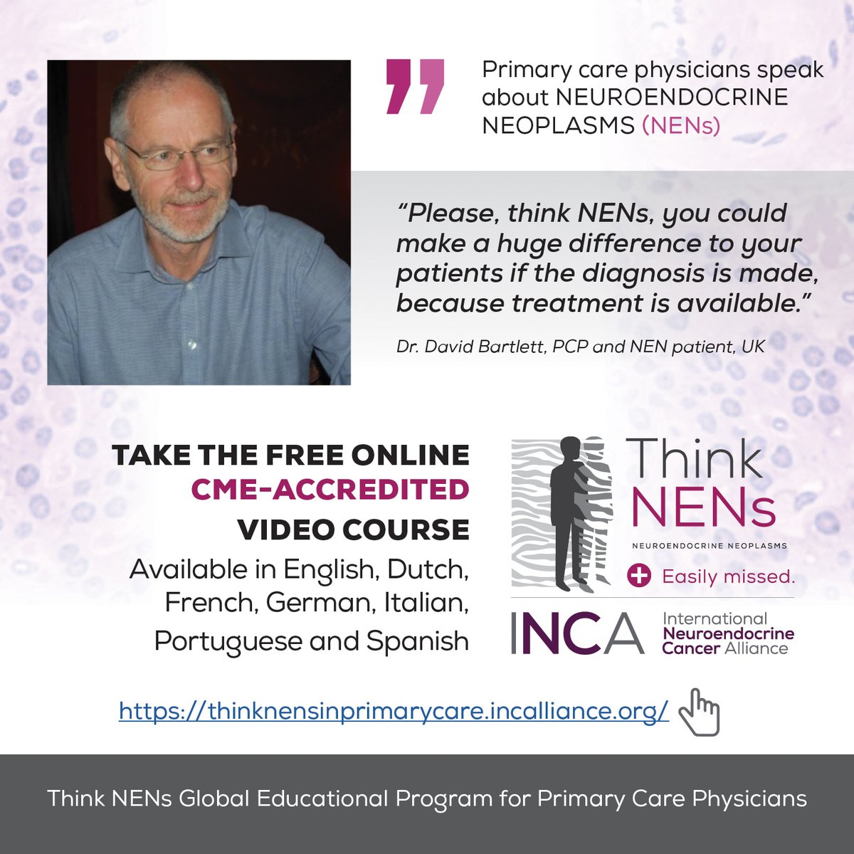netcancerday's tweet image. Neuroendocrine cancer is often missed.
Learn how to recognize it with #ThinkNENs: 
 ✔ Free CME
 ✔60-minute core module
 ✔ 7 languages
 ✔ Endorsed by leading NEN societies
✅Start today: incalliance.org/think-nens/
#LetsTalkAboutNETs  #MedEd