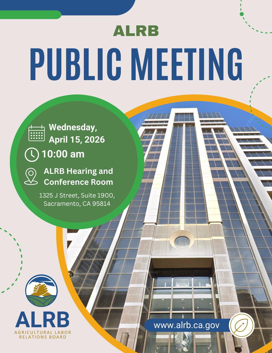 alrb_ca's tweet photo. 📣 📣 Stay informed!

Join us at the next ALRB Board meeting on April 15 to hear how we are supporting California farmworkers.

To join, go to https://t.co/XL9VuOnn14

👉 Select MEET at the top right of the webpage. In the drop-down menu choose JOIN A MEETING

✅ Enter the meeting number: 894 9442 5856

✅ Follow prompts and click JOIN

To dial in, call (408) 961-3927 or (855) 758-1310 (U.S. Toll Free)

👉Enter the meeting ID: 894 9442 5856# and follow directions

Meeting Notice: https://t.co/xBdxwMwPyT

#ALRB #PublicBoardMeeting #FarmworkerJustice #LaborRights #StateofCA