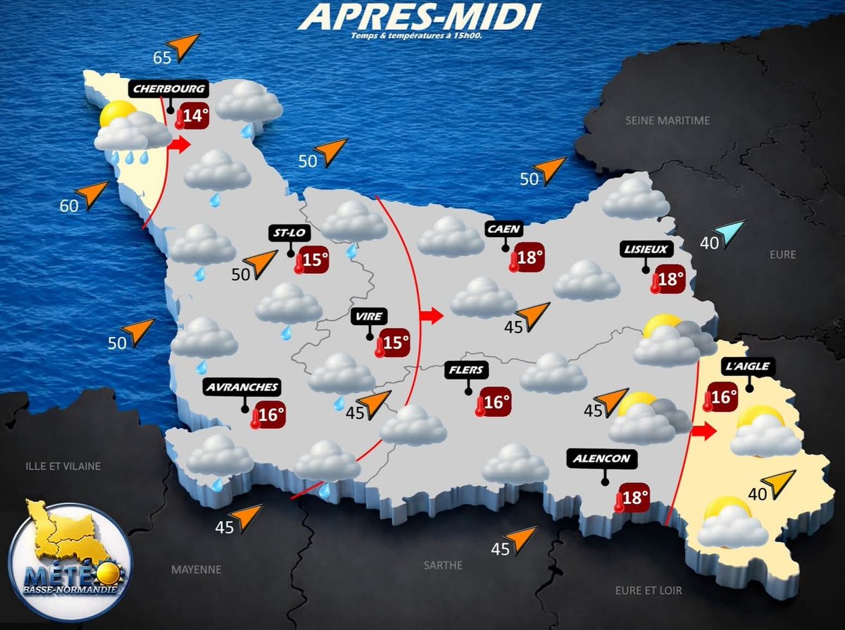 NormandieMeteo's tweet photo. Un vrai temps #Normand pour la journée de demain mercredi 15 Avril 2026.
Les températures seront douces l'après-midi.
La #tendance s'annonce meilleure avec un temps sec et lumineux. https://t.co/9yZ7s2a7Tl