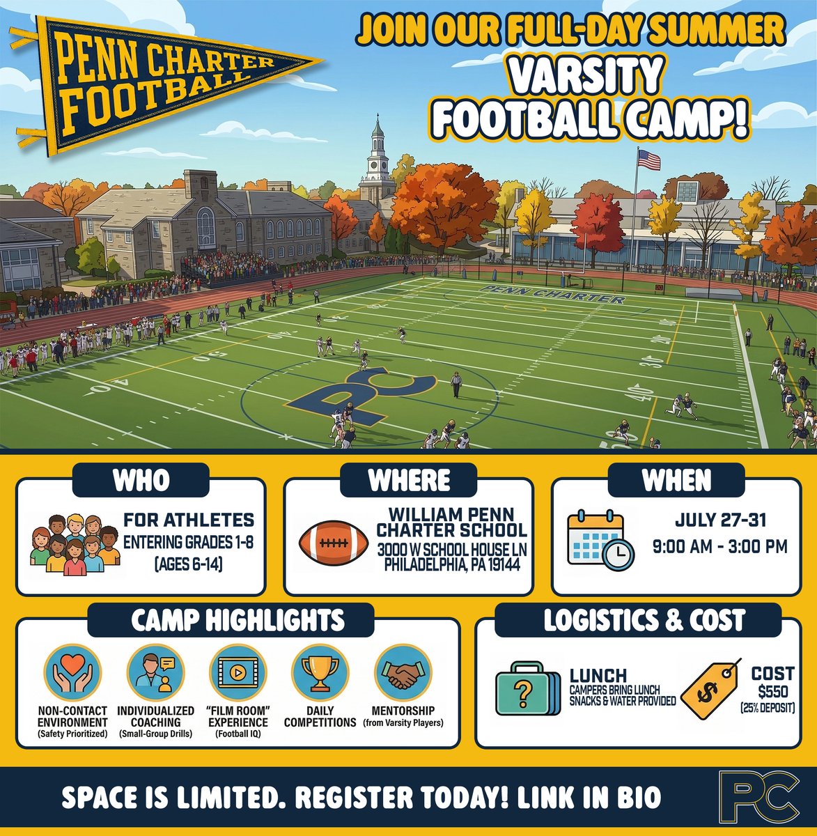 pcquakersFB's tweet photo. Calling all football stars! Join our varsity players and coaches this summer at the Penn Charter Varsity Football Camp!

Perfect for athletes entering grades 1-8, our full-day camp focuses on fundamentals, technique, safety, and sportsmanship in a fun, non-contact environment. https://t.co/z8REbXRITm