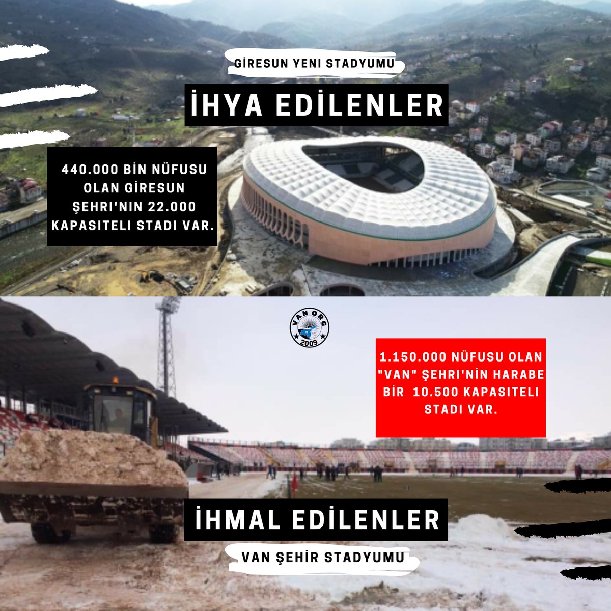 Bir çok şehir ve ilçe, stadyum konusunda ihya edildi!

Doğunun en büyük ve Türkiye'nin en güzel şehirlerinden Büyükşehir olan Van bu konuda ihmal edildi!

Yıllardır bize hayal satıyorlar !

Maket değil gerçek stadyum istiyoruz

#VanStadyumİstiyor