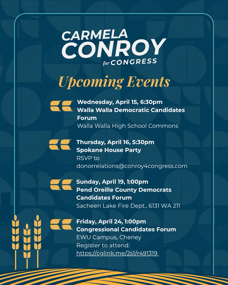 Join Team Conroy for Congress at candidate forums, house parties, community meetings, &amp; more over the next few weeks. From Walla Walla to Spokane to Pend Oreille County, Carmela is listening, sharing, and talking about more problem-solving for #WA05.