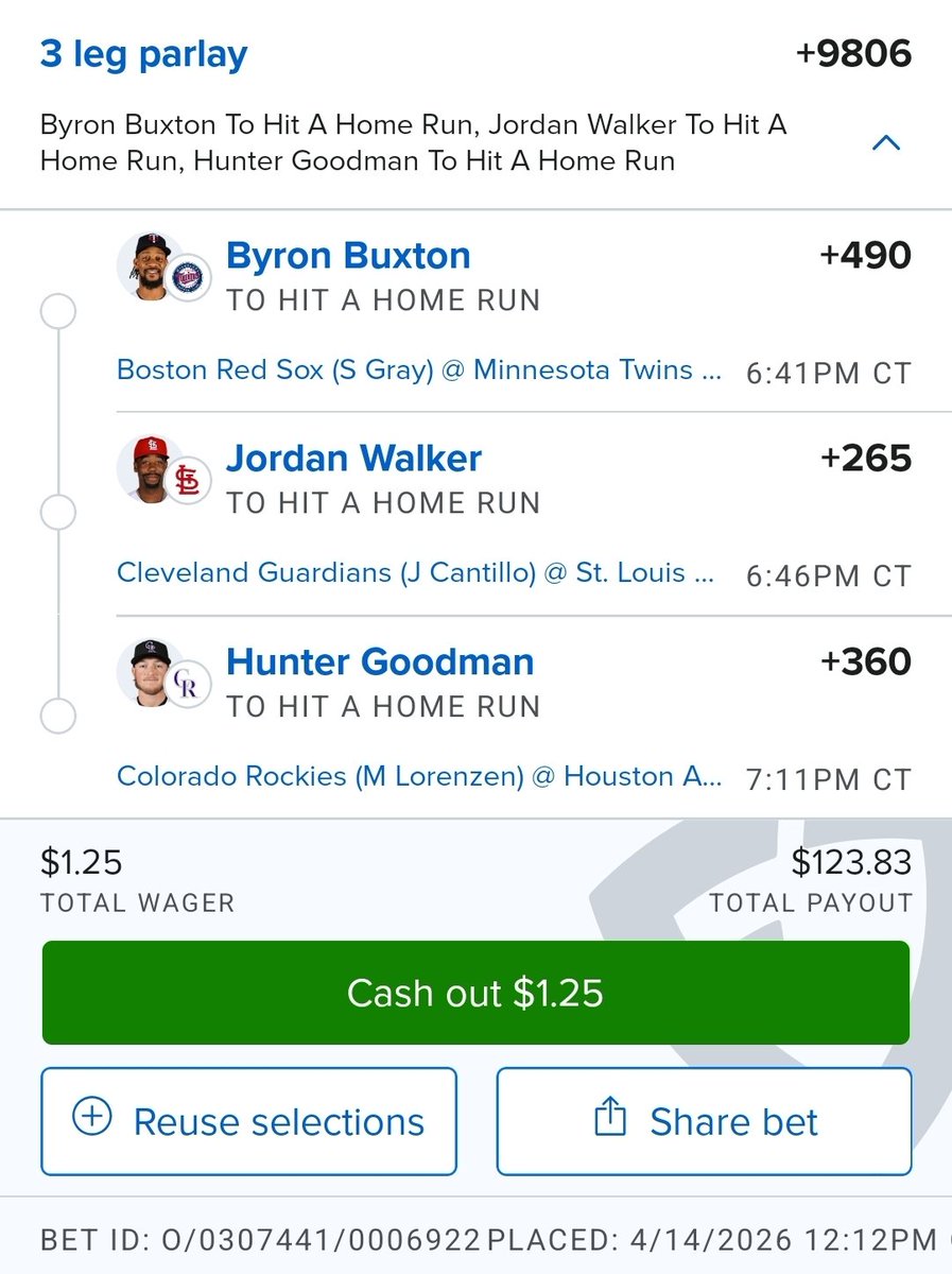 🎁 MLB HR LOTTO 🎁 

+9806 🔥 

$25 TO A FOLLOWER WHO ❤️ AND ♻️ IF IT HITS TODAY 🚀 

account.sportsbook.fanduel.com/sportsbook/add…

<a href="/GamblyBot/">Gambly Bot</a> 💋 😘