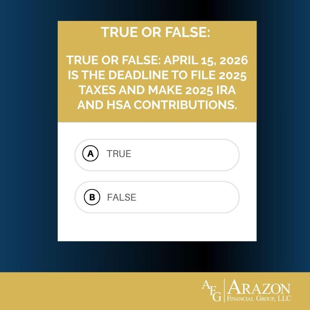 ArazonFinancial's tweet photo. Tax Day is tomorrow, so here’s a quick True or False to test your tax‑time smarts.📂
Make your guess, then check the answer below!

#TuesdayTrivia #EdinaMN #VictorID #FinancialAdvisor https://t.co/sKDnxDprRM