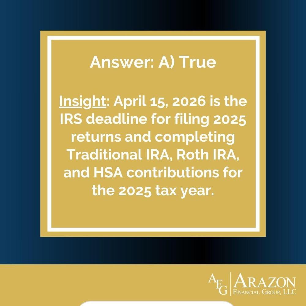 ArazonFinancial's tweet photo. Tax Day is tomorrow, so here’s a quick True or False to test your tax‑time smarts.📂
Make your guess, then check the answer below!

#TuesdayTrivia #EdinaMN #VictorID #FinancialAdvisor https://t.co/sKDnxDprRM