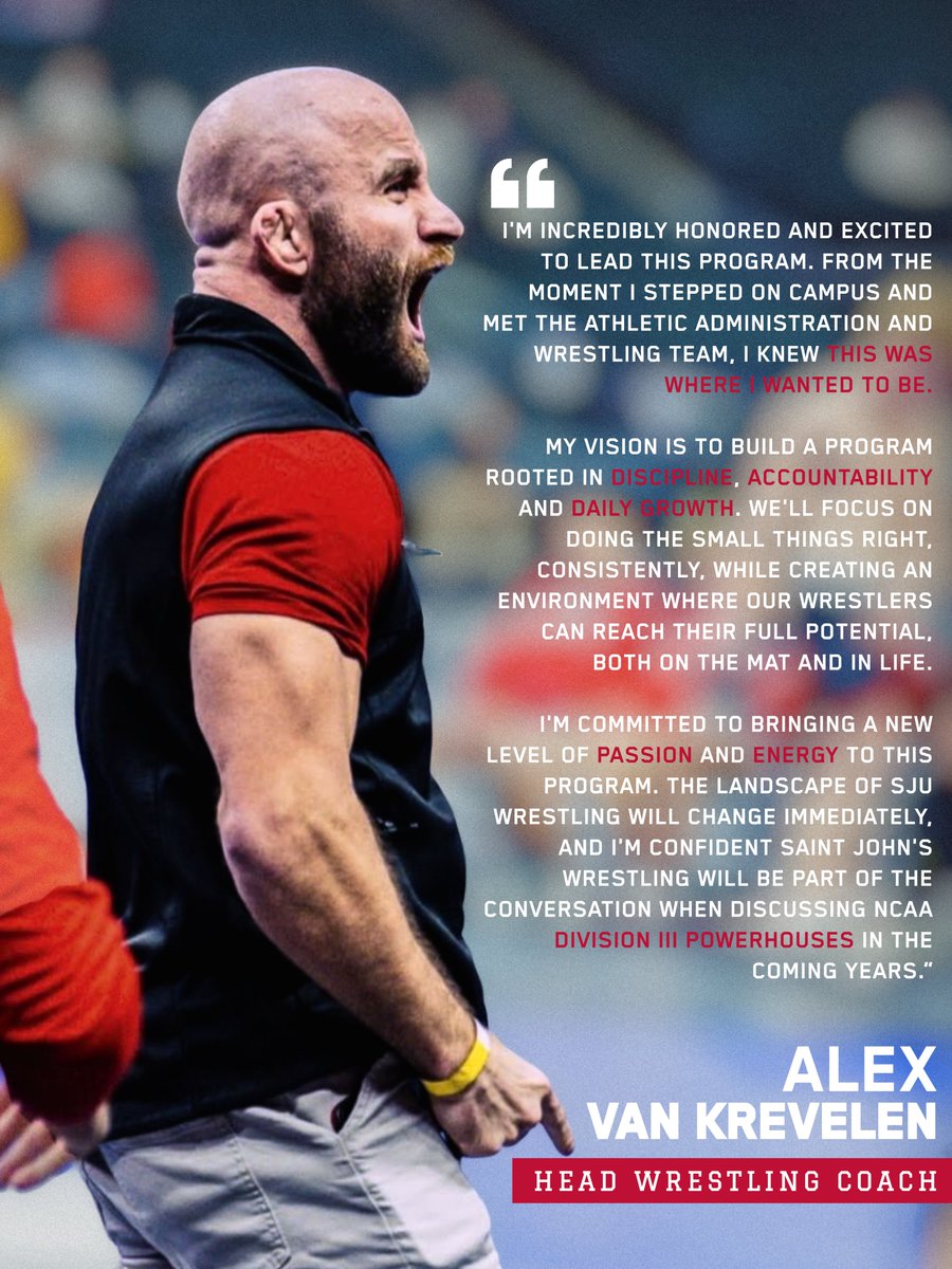 SJUJohnnies's tweet photo. Alex Van Krevelen is @SJUWrestling's new head coach!

He coached at @ShakopeeSchools the past 5 seasons where he led the Sabers to MN Class AAA runner-up finishes in 2026 &amp; 2025, as well as 3rd-place in 2024 &amp; 2022.

RELEASE: https://t.co/hfQHuRvLdE

#GoJohnnies | #d3wrestle https://t.co/JxjC79XAr9
