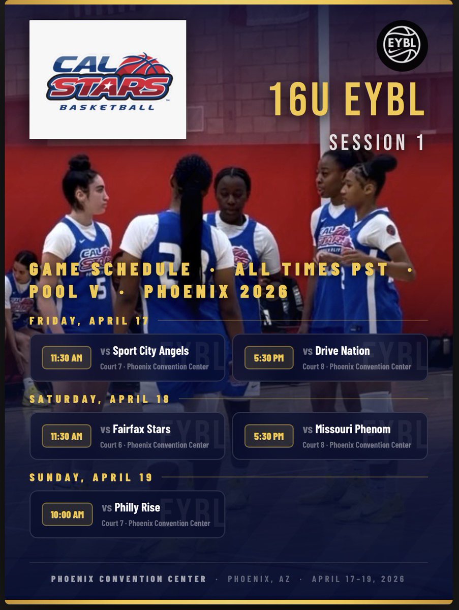 AleyaSmith10's tweet image. Locked in for EYBL Session 1 in Phoenix.
Excited to compete with @CalStars 16U EYBL. Let’s get to work. #EYBL #CalStars
#Classof2029