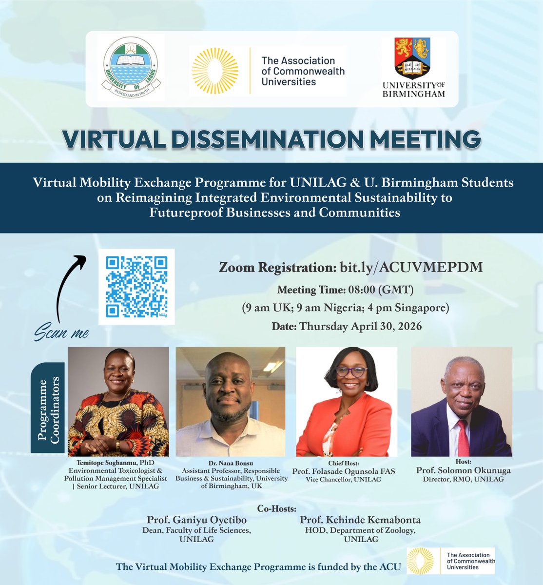 SogbanmuTo's tweet photo. Here comes the grand finale! @The_ACU-funded #Virtual Mobility Exchange Programme Dissemination meeting is scheduled for Thursday, April 30, 2026 Register to participate at this link 👉 https://t.co/mVyIs6ePhr

#SDG4 #SDG9 #SDG11 #SDG17 
#VirtualMobility #Desirablefutures https://t.co/xK6lIO757S