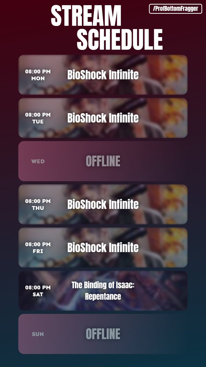 ProBottomFrag's tweet image. This weeks stream schedule, check it out! linktr.ee/profbottomfrag…
#StreamingSchedule
#LiveStream
#Streamer
#TwitchStreamer