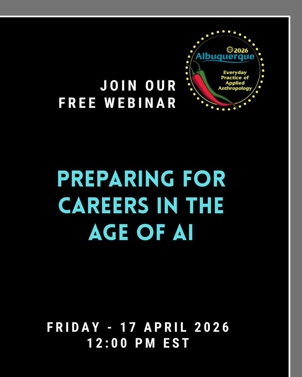 SfAAnthro's tweet image. Join us on April 17 for a free webinar, Preparing for Careers in the Age of AI

Register here: us06web.zoom.us/webinar/regist…

#SfAA #SocialScience #Anthropology #AppliedAnthropology #AI #ArtificialIntelligence