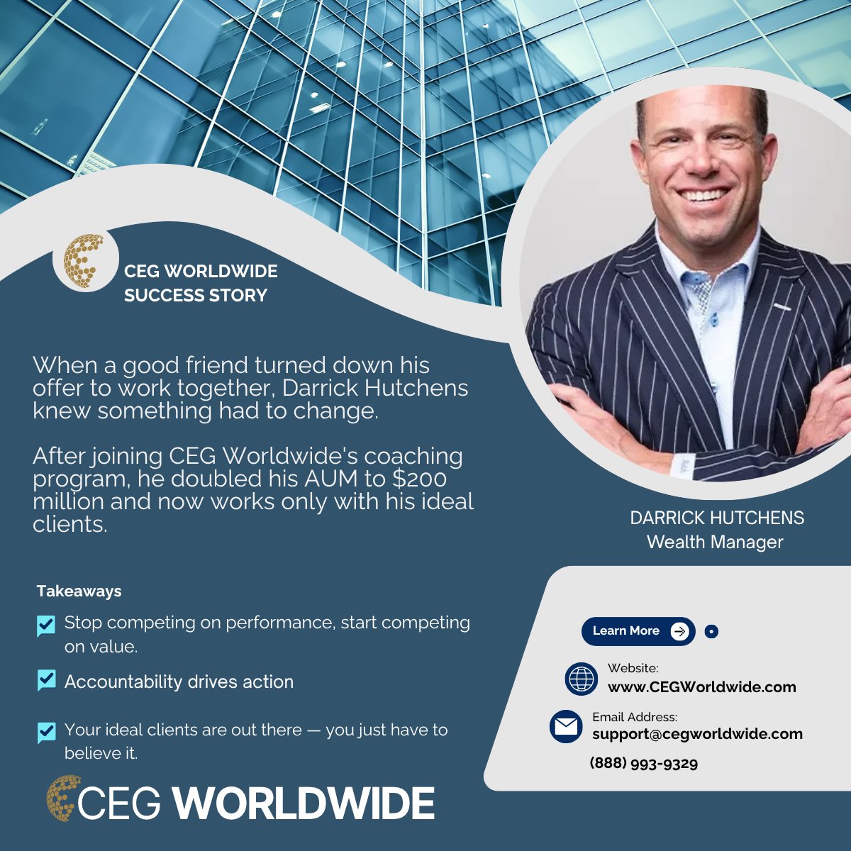 CEGAdvisorCoach's tweet photo. He was competing on investment products and losing. He shifted to full wealth management and doubled his AUM to $200M. The lesson: stop selling performance. Start delivering value. https://t.co/uMCiDR036W https://t.co/bXaX2yeez8