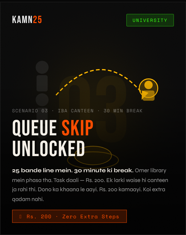 25kamn's tweet image. Queue Skip Unlocked

🔗 Link in bio: App download + WhatsApp community.
#Kamn25 #SkipTheLine #IBAKarachi #StudentHacks #EarnWhileYouMove #CanteenLife #KarachiStudents #MicroTask #SideIncome #PakistanStartup