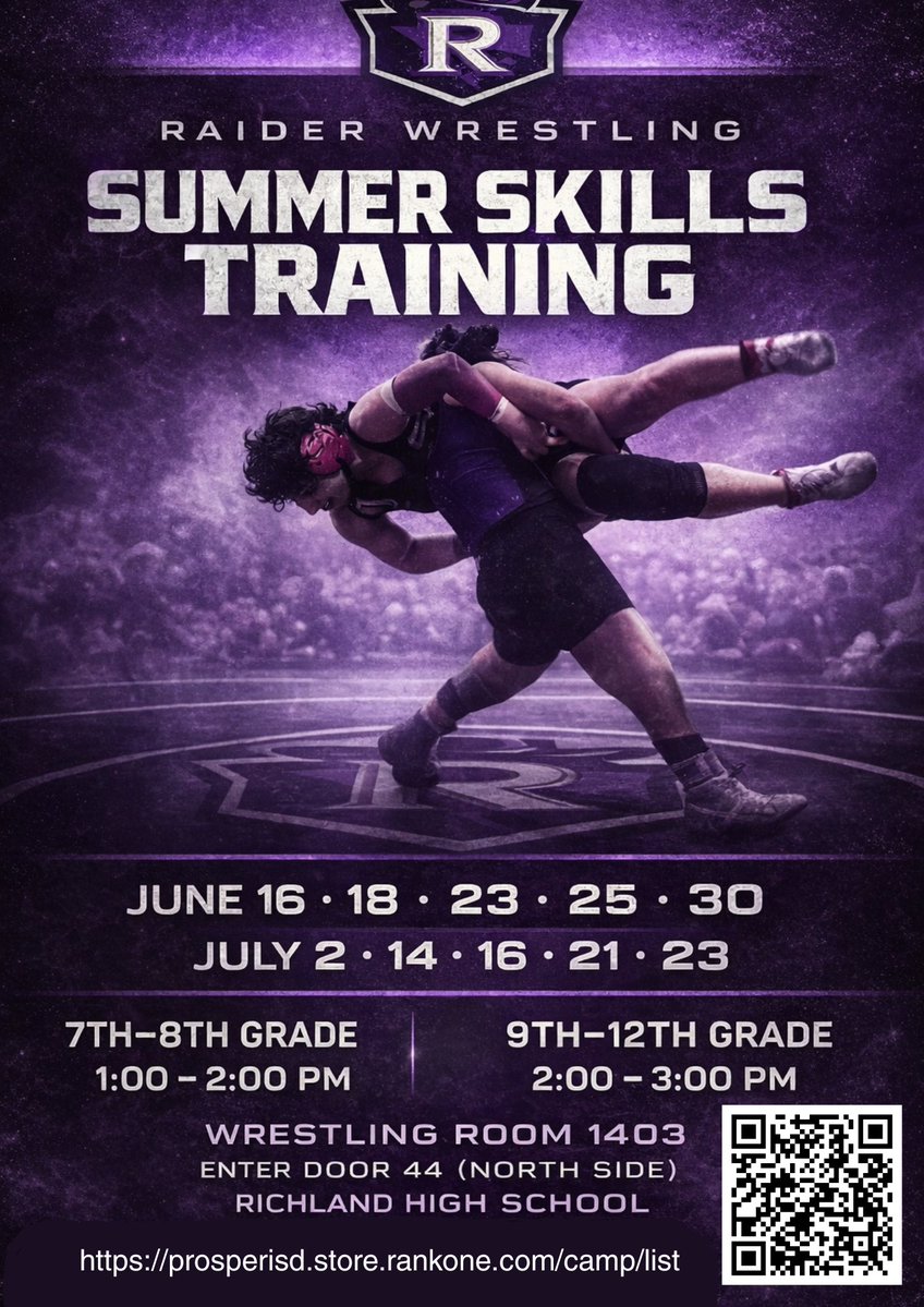 Raider_Wrestle's tweet image. Middle School and High School Skills training at Richland this summer.