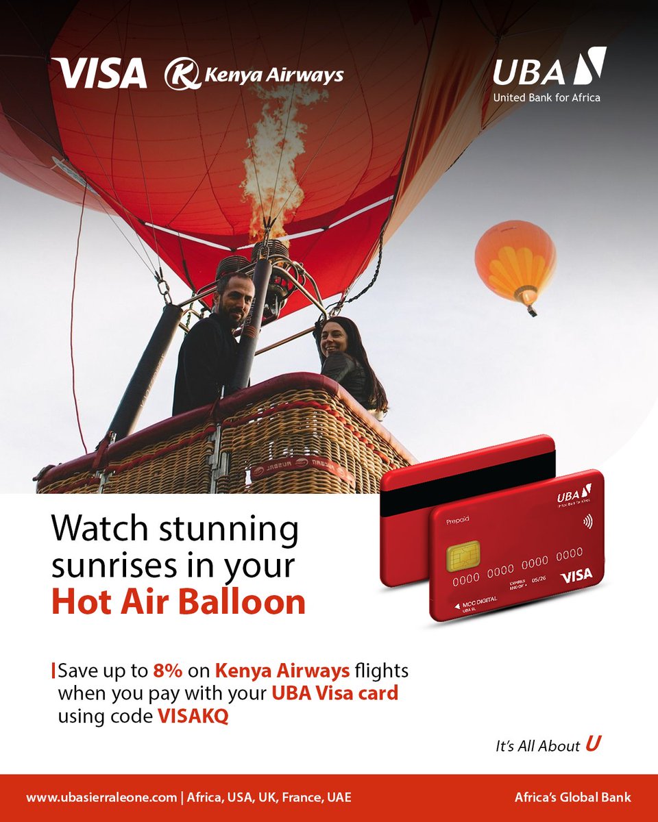 USierraleone's tweet photo. Enjoy a seamless and secure journey from Sierra Leone and get 8% off your flights when you pay with your UBA Visa Card terms and conditions apply.

Pack your bags… your Kenyan escape awaits. 

#TravelWithUBA
#VisaTravel
#ExploreKenya
#AdventureAwaits https://t.co/VNXDBCnHsa