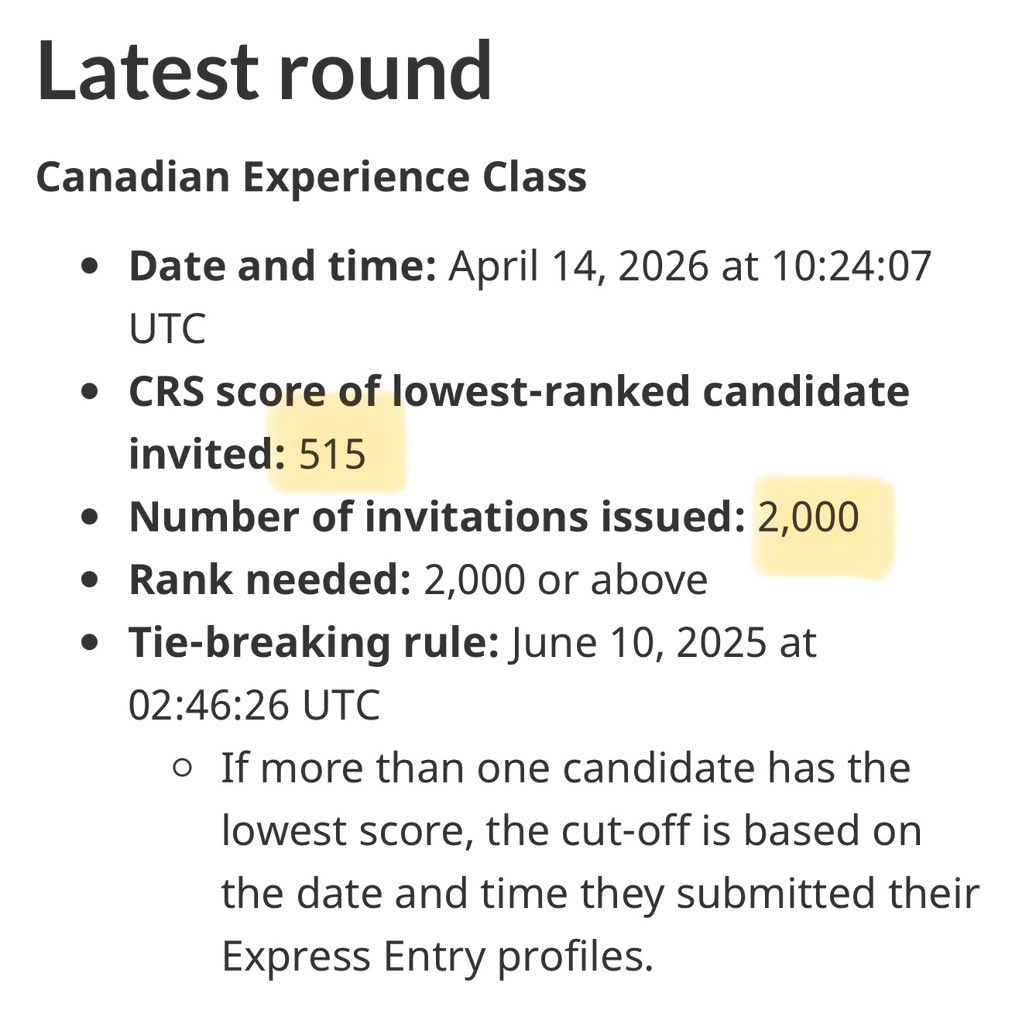MannyLidher's tweet image. 📢 Express Entry Draw – CEC (April 14, 2026)

CRS cut-off: 515
Invitations issued: 2,000
Tie-breaker: June 10, 2025 (02:46:26 UTC)

As draw sizes get smaller, CRS cut-off continues to rise. 

#ExpressEntry #CanadaImmigration
