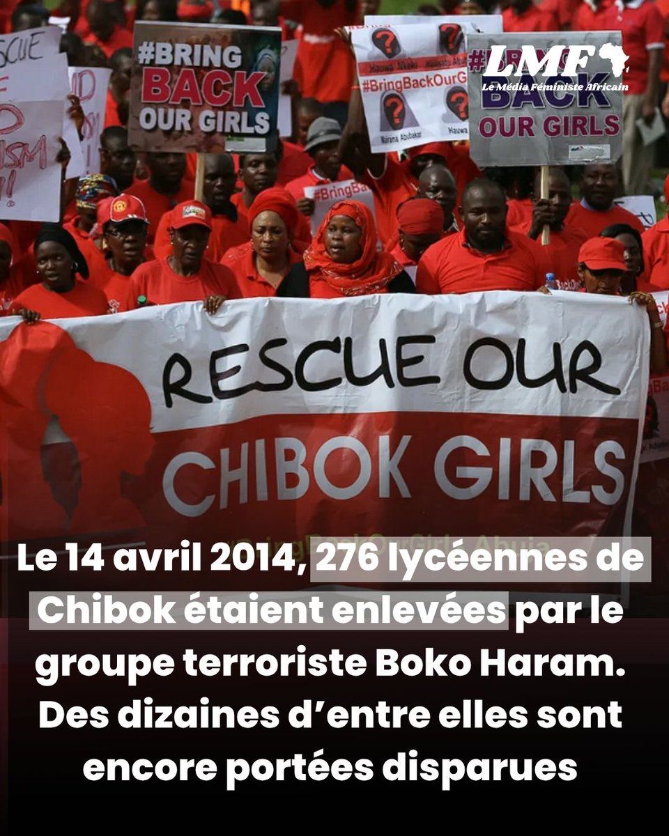 MediaFeministe's tweet photo. 🇳🇬 Le 14 avril 2014, 276 filles étaient enlevées par les terroristes du groupe djihadiste Boko Haram, à Chibok, dans le Nord-est du Nigeria.

57 filles ont réussi à s’enfuir dans les heures qui ont suivi. Plus d’une centaine de filles ont été rendues à leurs familles depuis, mais plusieurs sont toujours portées disparues, douze ans plus tard.

Ce rapt de masse avait déclenché une campagne internationale intitulée « Bring Back Our Girls » (« ramenez-nous nos filles »). Aujourd’hui encore, le Nigeria reste en proie à une résurgence des violences djihadistes et des enlèvements de masse.

#lemediafeministeafricain #feministesafricaines #Chibokgirls #nigeria